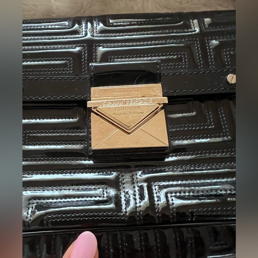 Black Versace Patent Clutch with gold metal clasp - Picture 7 of 10